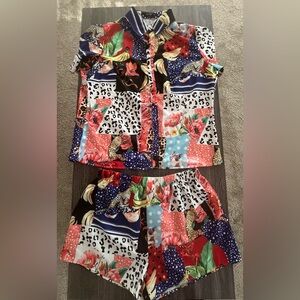 Patchwork Leopard Print Short Sleeve Button Up Blouse & Shorts Set | Size 1XL